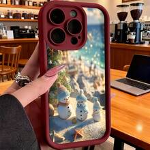 Cubierta de teléfono con borde negro diseño de muñecos de nieve en playa navideña para iPhone 14 Pro Max estilo invernal festivo para uso diario y regalo - Burdeos - Ver 2