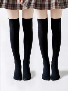 2 Pairs Of Black High-Calf Straight-Leg Over-The-Knee Stockings Student Socks - Black - View 4