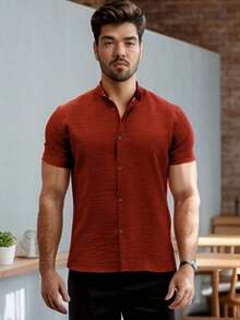 Men's Short-Sleeve Shirt With Mandarin Collar And Linen-Look - Assorted Colors - Comfortable - 亮橙色 - 查看 4