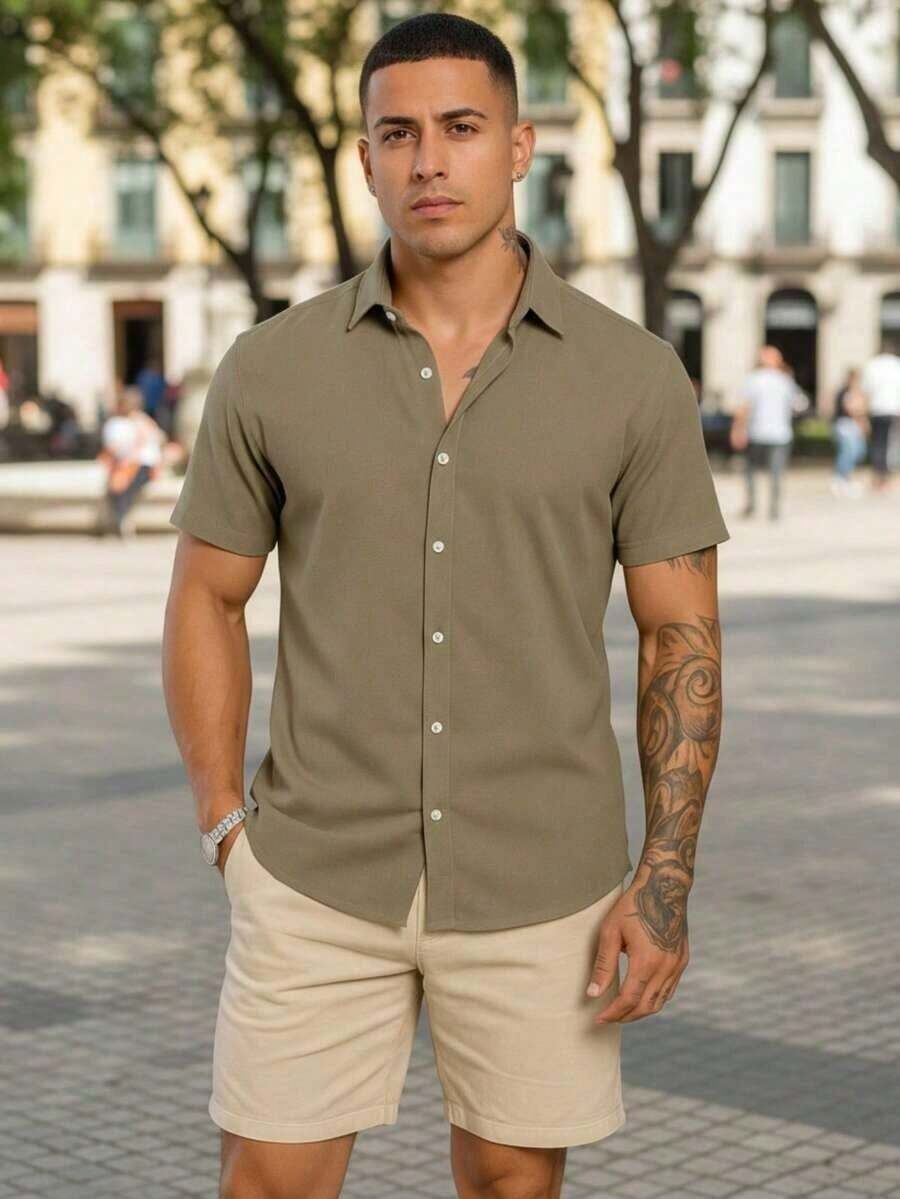 Men's Kit: Short-Sleeved Shirt With Italian Collar And Plain Shorts. Premium Set, Comfortable, Lightweight And Cool, Perfect For Summer, New Year's Eve And Christmas. - 綠色 - 查看 1