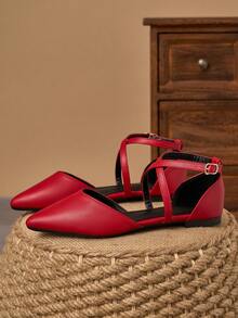 MonaNise 女士尖头套脚平底鞋，时尚休闲户外通勤工作鞋，饰有缎带，舒适镂空乐福鞋，酒红色，秋季款 - 紅色 - 查看 5