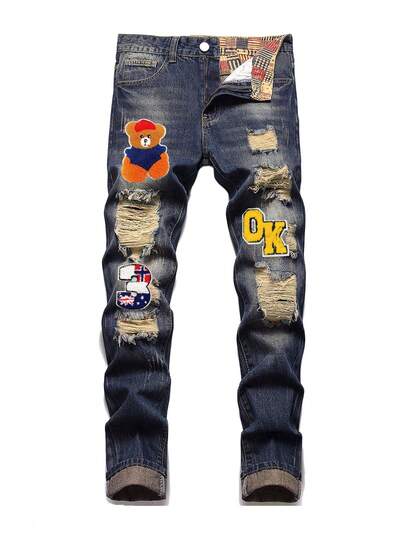 Tween Boy Letter Printed Patch Ripped Jeans With Teddy Bear Design
