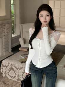 Women's Autumn/Winter New Lace Patchwork Pure Elegant Long Sleeve Slim Fit Knit Top - White - View 7