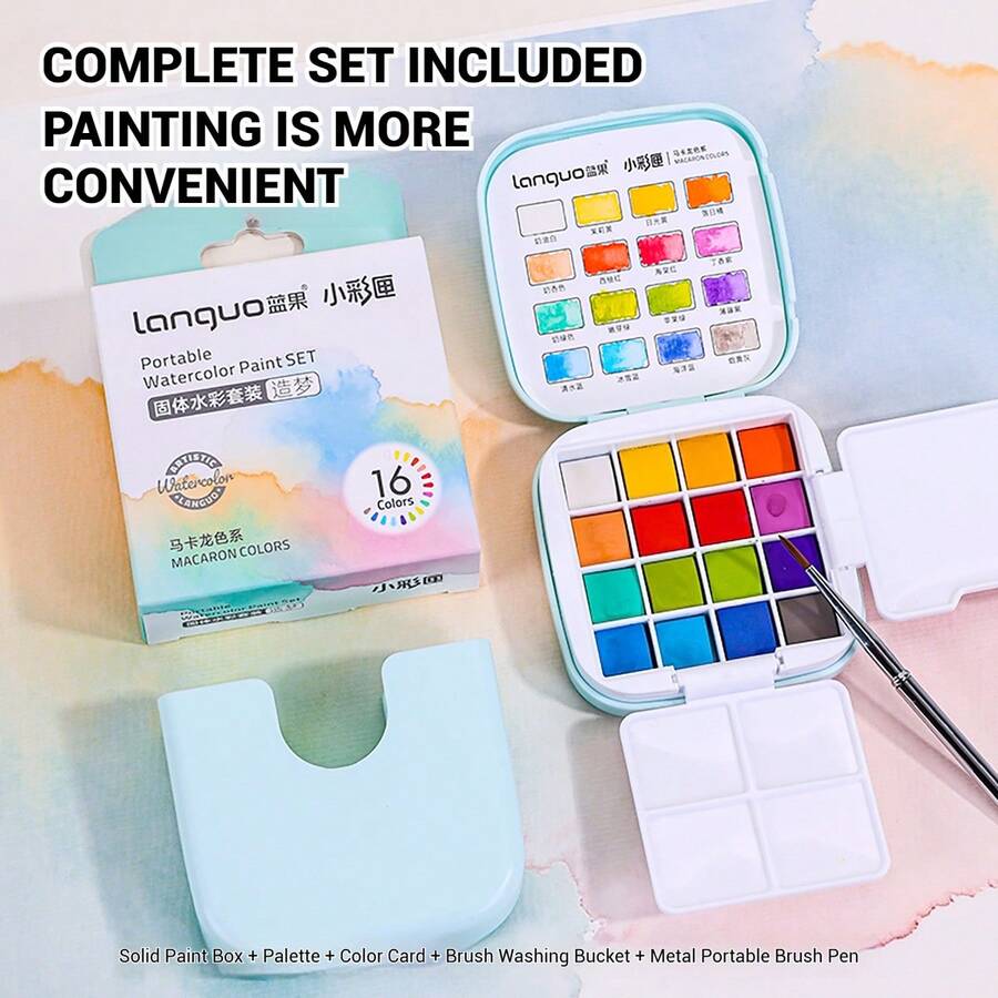 1 Set Of Solid Pigment Portable Watercolor Paint Box, 16 Colors Of Solid Pigments Come With Palette Brushes, Bright Colors When Dipped In Water, Portable Art Painting Paint Set For Outdoor Sketching, Art Special Painting Tools, Students Can Use It As Christmas And New Year Gifts - Multicolor - View 1