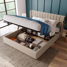 Polsterbed Storage Bed, 180x200cm Hydraulic Double Bed, Wooden Slat Base, Bed With Metal Frame And Slat Base, Linen, Beige - Beige + Linen + 160cm*200cm - 查看 5