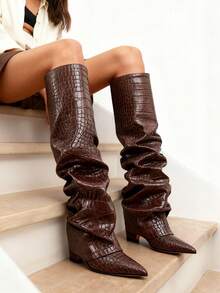 Shark Boots Women's Knee High Boots Fold Over Boots Slouchy Chunky High Heels Shoes Wide Calf Pointed Toe Shoes - 棕色石頭紋 - 查看 7