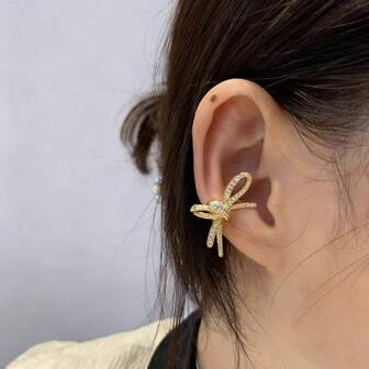 Rhinestone Wrapped Bowknot Clip-On Earrings For Women, Fashionable Lightweight Luxury Earrings Without Piercing