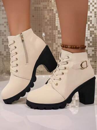 1双纯色时尚休闲女式短靴，适合通勤、户外活动，侧拉链和搭扣设计，适合度假、派对、户外活动，轻薄保暖内衬，四季皆宜，防水，粗跟，中筒高跟，时尚黑色靴子