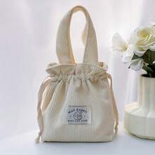 1pc Women's Handbag With Drawstring Closure, Simple And Durable, Women'S Versatile Corduroy Bag, Corduroy Drawstring Handbag, Lightweight Foldable Purse With Corduroy Exterior & Drawstring Closure, Minimalist Bag For Camping Travel, Work - Màu xanh bụi bặm - Xem 5