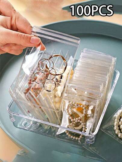 100pcs Pvc Transparent Resealable Jewelry Bags With Ziplock,Anti-Oxidation,Prevents Tarnishing,For Storing Earrings, Necklaces, Jewelry, Small Gift, Accessory Party Favor Pouches