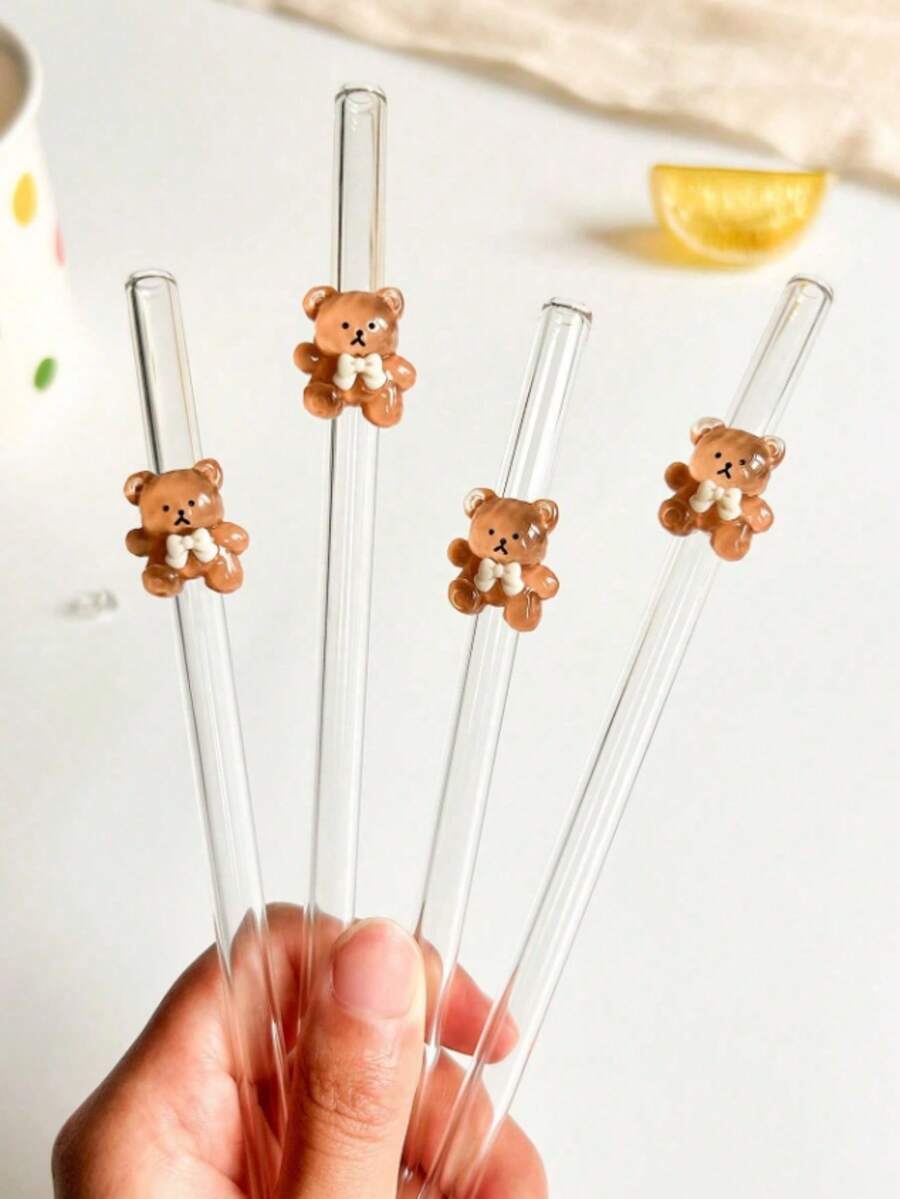 1/3/5pcs Brown Bear Shaped Glass Straws, Cute Reusable Bent Straws Suitable For Bubble Tea, Cocktails And Iced Drinks. Creates A Warm Atmosphere For Dessert Shops And Dates. Ideal Gift For Valentine's Day And Mother's Day.