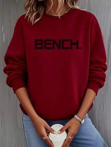 Women's Y2K Style Burgundy Sweater With Bold White 'Bench' Letter Print - Long Sleeve Crew Neck Pullover Sweater With White Cuffs And Hem, Suitable For All Seasons Casual And Semi-Formal Wear, Layerable (Machine Washable) - Minimalist Aesthetic, Y2K Fashion Letter Print Sweater, Fashionable And Comfortable, Suitable For Layering Or Wearing Alone, Elegant Modern Design With 'Bench' Letter, High-Quality Women's Winter Sweater, Oversized Sweater, Women's Winter Sweatshirt, American Women's Sweater, Embroidered Sweatshirt 2025 - 酒紅色 - 查看 12