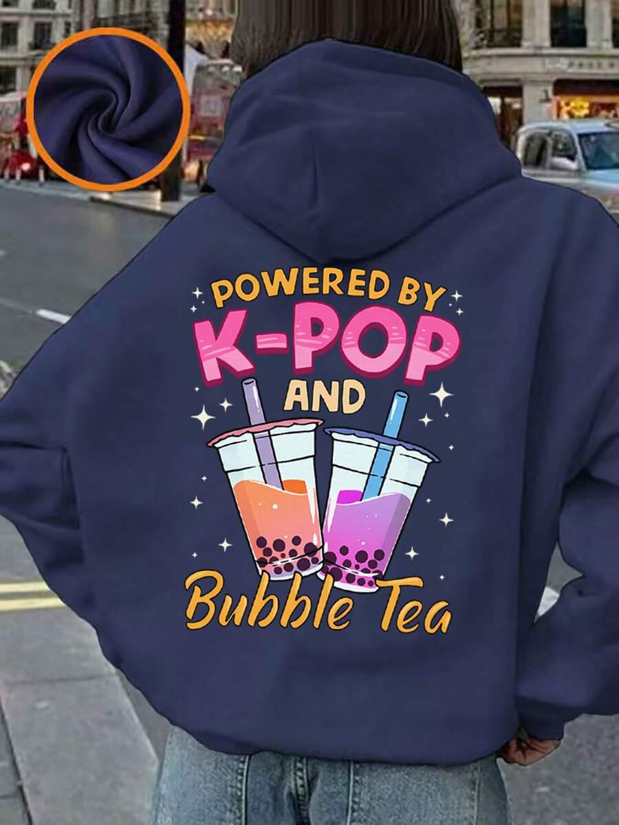 少女仿珍珠奶茶&K-POP图案保暖套头卫衣，秋冬季保暖舒适，适合喜欢K-POP的时尚女孩 - 藏蓝色 - 查看 1