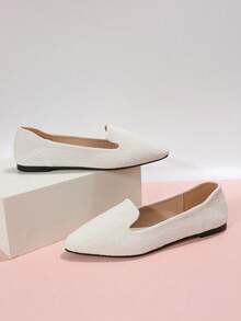 Plus Size 35-45 Women's Pointed Toe Slip-On Flat Shoes, New Spring/Autumn Outdoor Daily Loafers, White Canvas Wave Pattern Soft Bottom Work Driving Moccasins - White Wavy Fabric - View 7