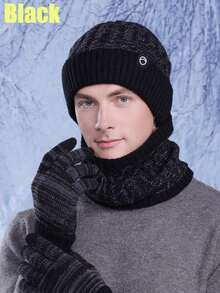 1 Set Black Winter Beanie Hat, Scarf, Touch Screen Gloves For Men & Women, Knitted Thick Skull Cap With Face Cover, Neck Warmer Balaclava Ski Mask For Cold Weather - Multicolor - View 10