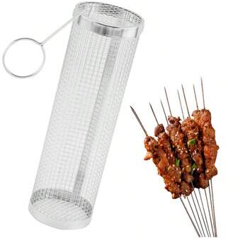 Outdoor Grilling Rolling Grilling Basket, Grilling Net Holder, Stainless Steel Large Round Net, Rotating Grilling Jar Cage, Cooking Accessory, Suitable For Grilling Vegetables And Fish, Food, Camping, Men's Gift