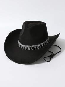 1顶男女通用高品质水钻帽带装饰宽檐帽，西部牛仔风格，时尚简约软呢帽，适合日常佩戴、派对、西部主题活动、聚会、角色扮演、毕业典礼、化装舞会、节日、生日、音乐会等场合。 - A - 查看 11