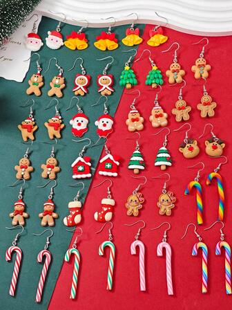 46pcs Cute & Creative Christmas Resin Polymer Clay Earring Set, Colorful Candy Cane, Santa Claus, Gingerbread Man, Christmas Tree Pendant Christmas Decorations Gifts