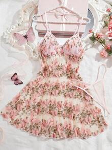 女士性感蝴蝶刺绣网纱拼接极简露背设计内衣吊带裙套装 - 粉色 - 查看 1