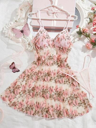 Conjunto de lencería con vestido de tirantes con diseño minimalista y espalda descubierta, con bordado de mariposa y parches de malla para mujer