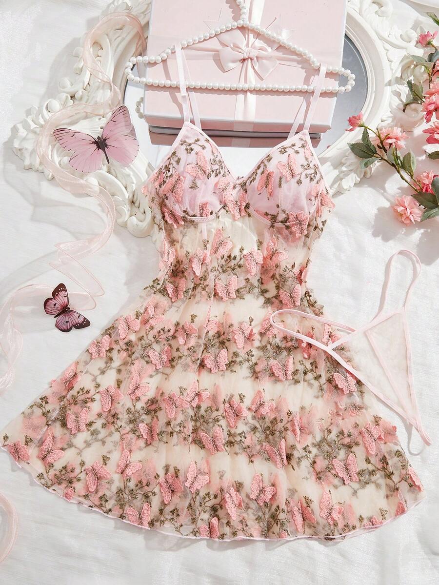 女士性感蝴蝶刺绣网纱拼接极简露背设计内衣吊带裙套装 - 粉色 - 查看 1