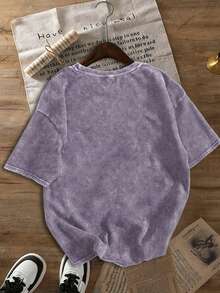 加大码女式夏季纯棉T恤 - 毒药瓶、玫瑰和骷髅图案，休闲舒适，适合日常穿着和度假，短袖印花常规时尚水洗T恤 - 淡紫色 - 查看 5