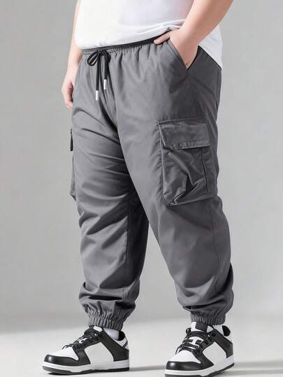 Pantalones cargo casuales de talla grande para hombres con bolsillos y cordón en unicolor