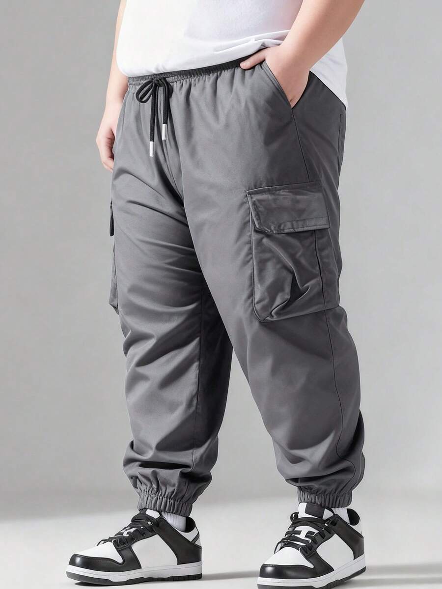 Plus Size Men's Solid Color Drawstring Pocket Casual Cargo Pants - Grey - View 1