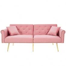 Sofa Bed With Bed Function, Adjustable Angle, Gold Legs, With Pillows And Side Storage Pockets - Pink + Foam + 2 Seat - View 11