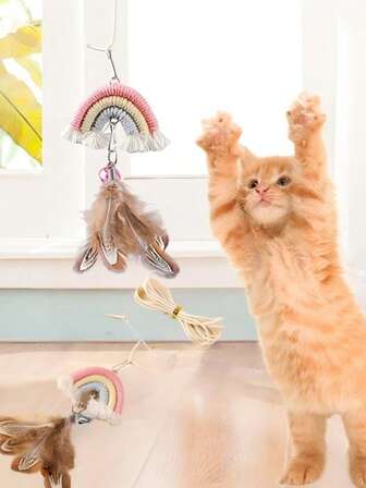 1pc Cat Hanging Elastic Rope Toy With Feathers & Rainbow, Indoor Cat Entertaining Hanging Toy