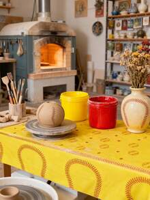 3pcs 137*274CM/53.94*107.87IN Disposable Tablecloth, Yellow Baseball Stitching Print, Waterproof & Easy To Clean, Energetic Sports Style, Suitable For Baseball Theme Party, Sports Fan Birthday, Spring/Summer Outdoor Game Venue Decor, And Daily Use - Multicolor - View 3