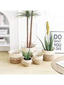 Ghiveci de plante din iarbă de mare împletită, tip coș, lucrat manual, cu plantă șarpe artificială, pentru decor nordic în living, accente de casă în stil boho, expunere neutră a vegetației în interior