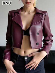 RNU 女士酒红色PU皮优雅夹克，适合派对、婚礼宾客、外出、冬季等各种场合，优雅的秋季派对装扮，春夏秋季服装，时尚优雅的女士休闲装，情人节装扮，狂欢节装扮，休闲夹克，新年装扮，秋冬季服装 - 酒紅色 - 查看 5