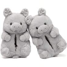 Bashful Teddy Bear Plush Slippers For Women,Pig Slippers,Cozy Plush Animal Slipper With Face-Pawing Shy Design,Non-Slip Fuzzy Winter Indoor House Shoes, Birthday Christmas Gift Ideas (US Sizes 9-12)Christmas - 豬-03-灰色 - 查看 8