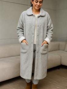 Choa Bata casual aborregada, regalo de Navidad - Vestido casual de forro polar grueso de manga larga y calientito con botones, con bolsillos, 1 pieza abrigo de casa y ropa de dormir para mujer, otoño/invierno - Gris - Ver 2