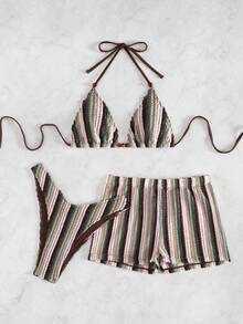 Set de 3 costume de baie drăguțe cu mărgele și legături la spate, material colorat, ținute casual pentru plajă și resort, pentru toate anotimpurile - Multicolor - Vizualizare 4
