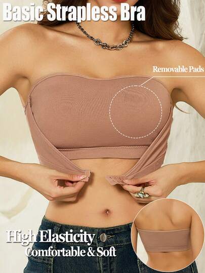 女士无肩带文胸，前扣式，裸色，粘扣式，可拆卸衬垫，无缝运动文胸，露背休闲舒适无钢圈抹胸