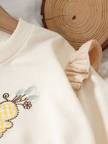 2pcs Baby Girls Casual Outfit Set: Bow Embroidered Round Neck Flutter Sleeve Sweatshirt And Ribbed Jogger Pants, Suitable For Street, Home And Outings - Apricot - View 4