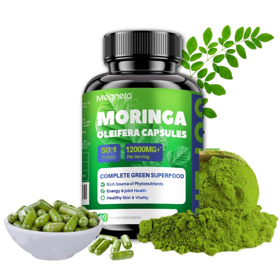 MEGNETA Moringa Capsules - 12000mg Pure Moringa Powder, Rich In Antioxidant, Energy, Light Beige Health, Gut Health, Immune, 60 Capsules - One Bottle - Trial Stage - View 1