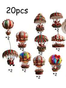 10Pcs Set Vintage Handmade-Style Hanging Ornaments - Artificial Wood Hot Air Balloon & Sleigh With Santa Claus, Gold Cupolas & Striped Canopies - For Christmas Tree Indoor/Outdoor, Garden, Wedding, Birthday Party, Easy-Hang Twine - Multicolor - View 11