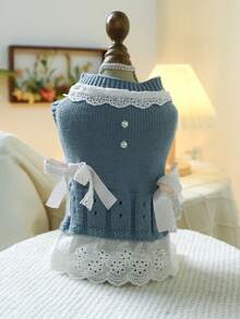 1 bucată haine pentru animale de companie, ținută drăguță pentru câini/pisici de talie mică, fustă tricotată caldă și confortabilă, albastră - Albastru - Vizualizare 9