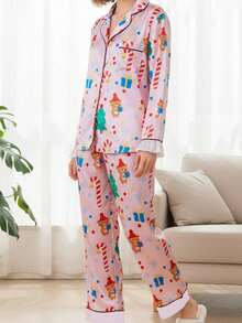 Women's Christmas Pajama Sets Fashionable Printed Button Down Ruffle Tops With Pants 2Pcs Soft Sleepwear - Pink - View 3