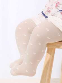 女婴连体透明打底裤，米色心形提花图案 | 柔软舒适的天鹅绒 | 轻盈透气 | 适合春夏季