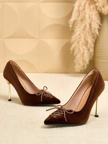 女士尖头丝绒系带时尚高跟鞋，优雅办公通勤鞋，酒红色鞋跟 - 棕色 - 查看 3