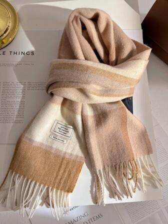 100% Wool Plaid Scarf, Versatile British Style Colorblock Warm Shawl Wrap, Long Neck Warmer For Winter