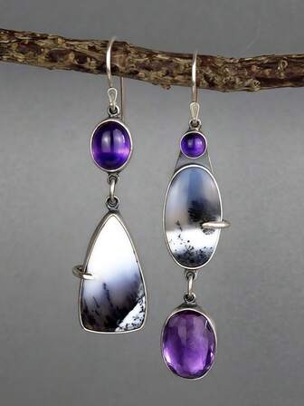 2件复古不对称宝石树脂紫色水滴合金耳环