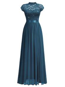 MIUSOL Elegant Women's Mock Neck Sequin Floral Lace Bodice Cap Sleeve A-Line Chiffon Maxi Dress With Side Slit, For Wedding Guest, Prom Or Formal Evening Party - 水鴨藍 - 查看 7