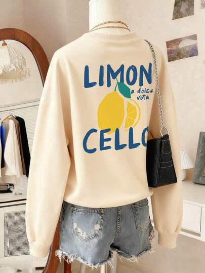 Women's Autumn And Winter Letter Lemon Print Pattern Crewneck Sweatshirt, Casual Loose And Versatile Holiday Style Top, Suitable For Daily Holiday Wear Fashion Autumn And Winter