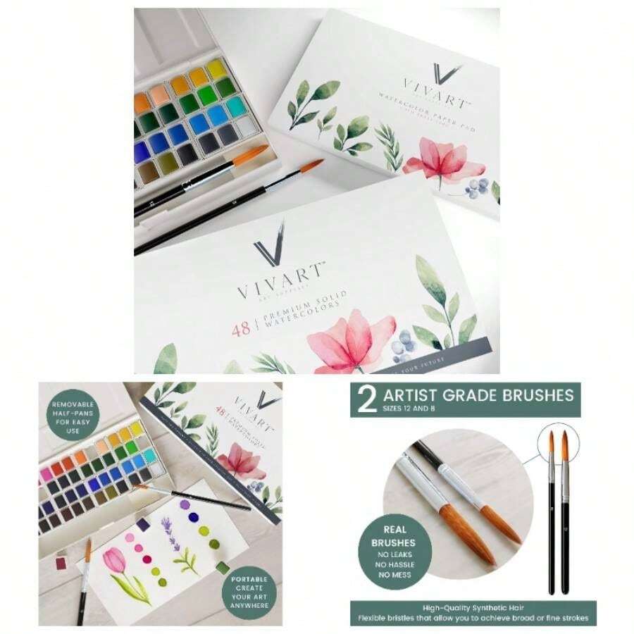 Premium 48u2011Color Watercolor Set Adults Beginners U2013 48 Vivid Halfu2011Pans, 2 Artistu2011Grade Brushes Sizes 8 12 20u2011Sheet 300u202Fgsm Coldu2011Press Paper Pad Stepu2011byu2011Step Eu2011Course - Assorted - View 1