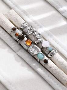 13件套时尚简约复古硬币戒指套装，镶嵌彩色仿宝石、仿虎眼石，不对称设计，适合女性佩戴，可用于度假、派对、婚礼、生日、节日、日常佩戴（不含包装盒） - 銀色 - 查看 7